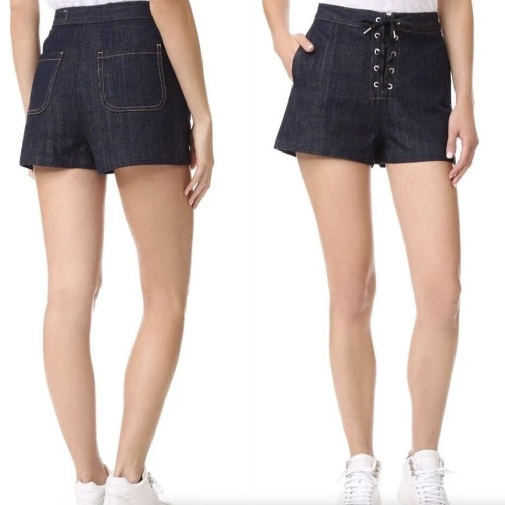 RAG & BONE High Rise Lace Up Denim Shorts In Resin Blue Women's Size 24‎